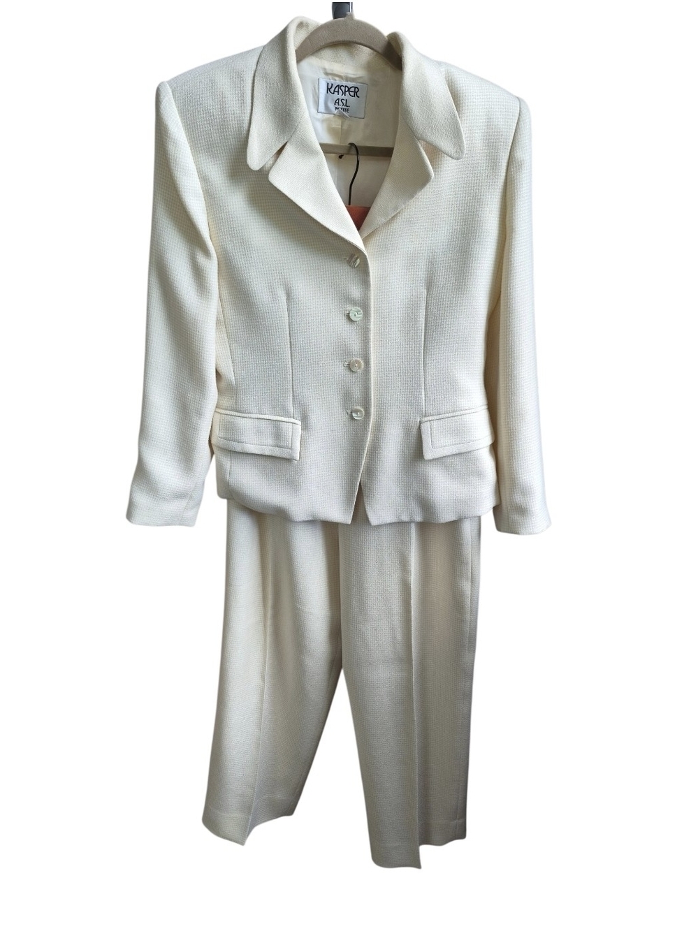 Vintage Kasper ASL Cream Micro Houndstooth Pants Suit Set 10P Old Money